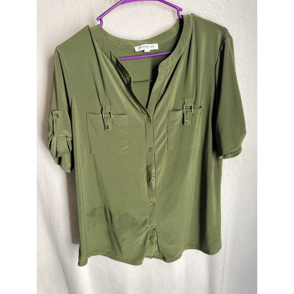 Perception Concept Olive Green Utility Button Down Roll Tab Sleeve Top XL